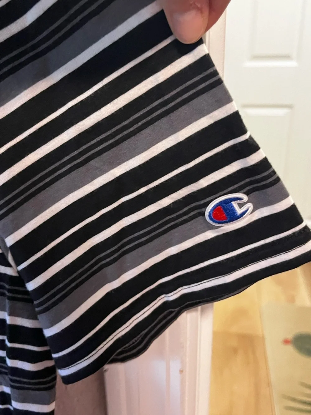 Champion Striped Crewneck Tee in Black, White & Gray with Red Logo - Picture 4 of 5